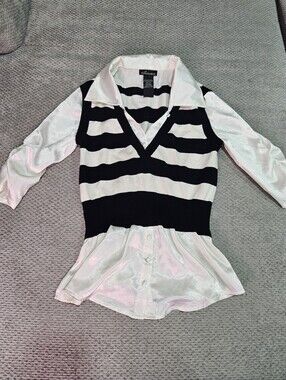 3/$15! Vintage Long Sleeve Top With Attached Striped Overlay, XS